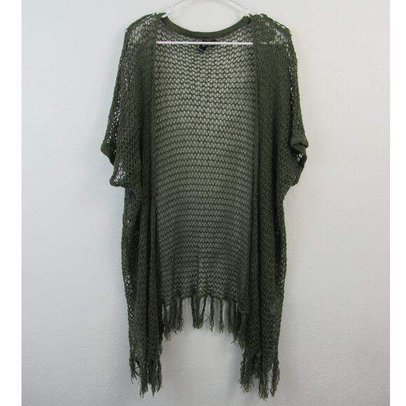Windsor Large Olive Green Open Knit Crochet Open Front Cardigan Duster Fringe - Picture 1 of 4